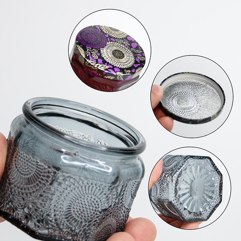 parts of a colored embossed glass with decorative lids 01