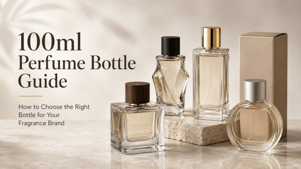 Clear 100ml perfume bottle with minimalist silver cap and packaging box