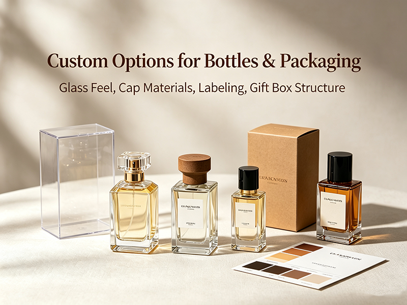 Custom perfume bottle packaging system with glass bottle, pump, cap, and box