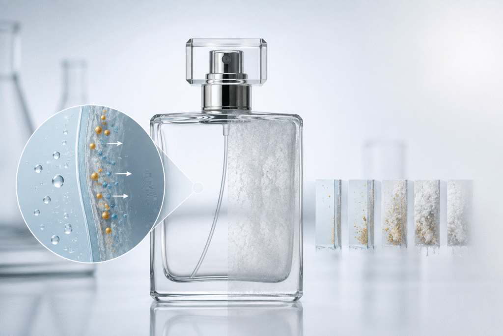 Illustration moisture driven glass weathering, alkali migration and white haze formation.