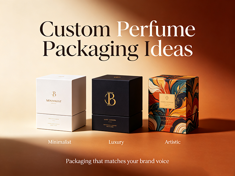 Luxury perfume packaging with decorated bottle, metal cap, and rigid box